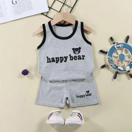 2 Piece Set for Boys Ages 0-3 Happy Bear Tank Top with Gray Round Neck Shorts Cartoon Summer…