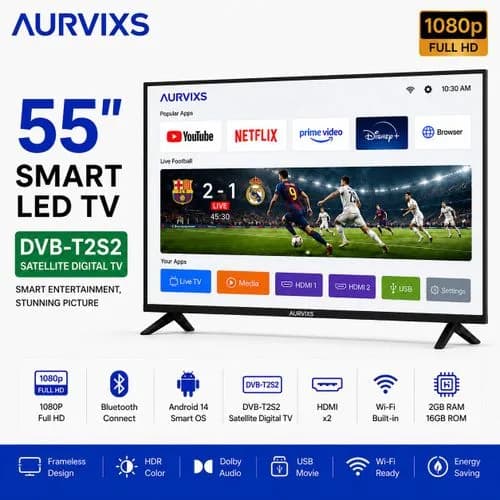 AURVIXS 55 Inch Smart TV 4K UHD Android 14 WiFi Bluetooth