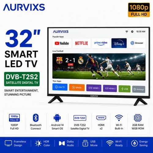 AURVIXS 32 Inch Smart Android TV HD WiFi Bluetooth 2+16G
