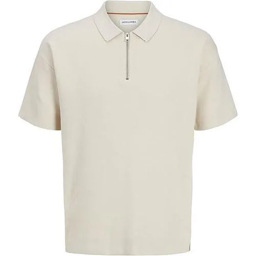 Cream Plain Zip Neck Polo Shirt