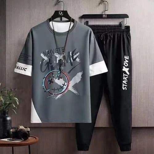 Dou-color Men's Fashion 2-in-1 Short Sleeved Long Pants Set
