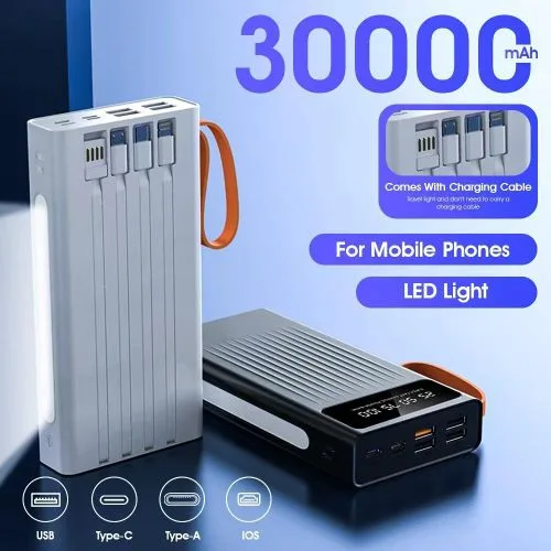 Ranvic 30000mAh Fast Charging PowerBank Batteries externes with LED Flashlight & Built-in 4 Cables…